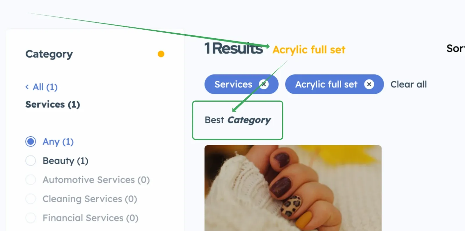 A search page reading 1 Results Acrylic full set, with the line Best Category shown under the filter chips and outlined in green.