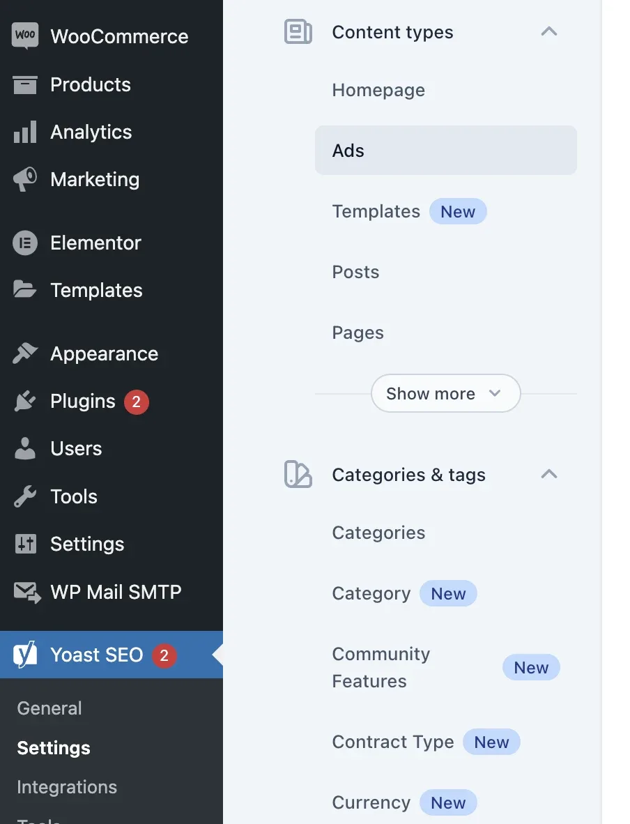 The Yoast SEO settings sidebar with Content types expanded and Ads highlighted among Homepage, Templates, Posts and Pages, and a Categories & tags section below.