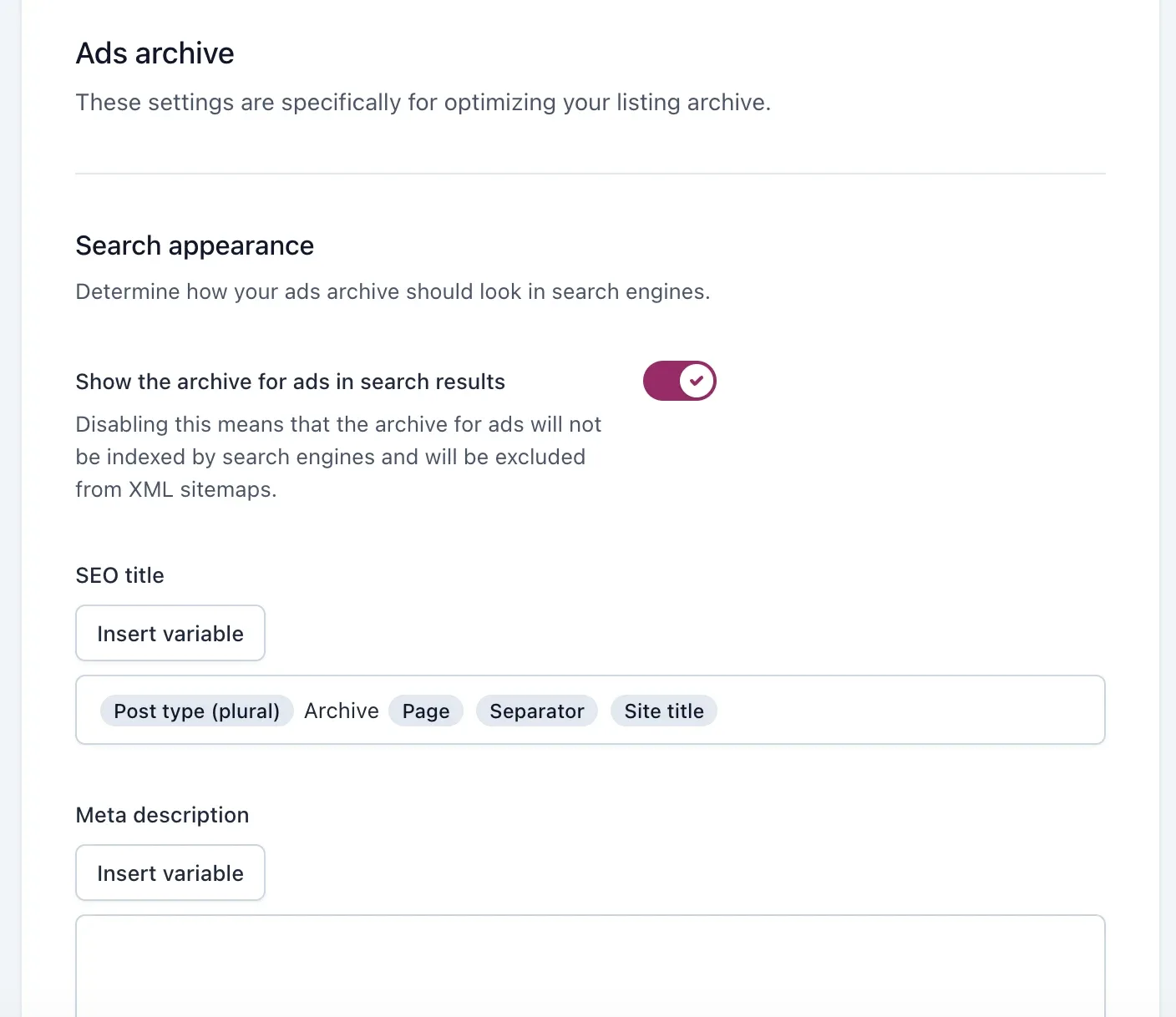 The default Ads archive settings in Yoast: a toggle showing the archive in search results, an SEO title built from the variable chips Post type (plural), Archive, Page, Separator and Site title, and an empty Meta description.