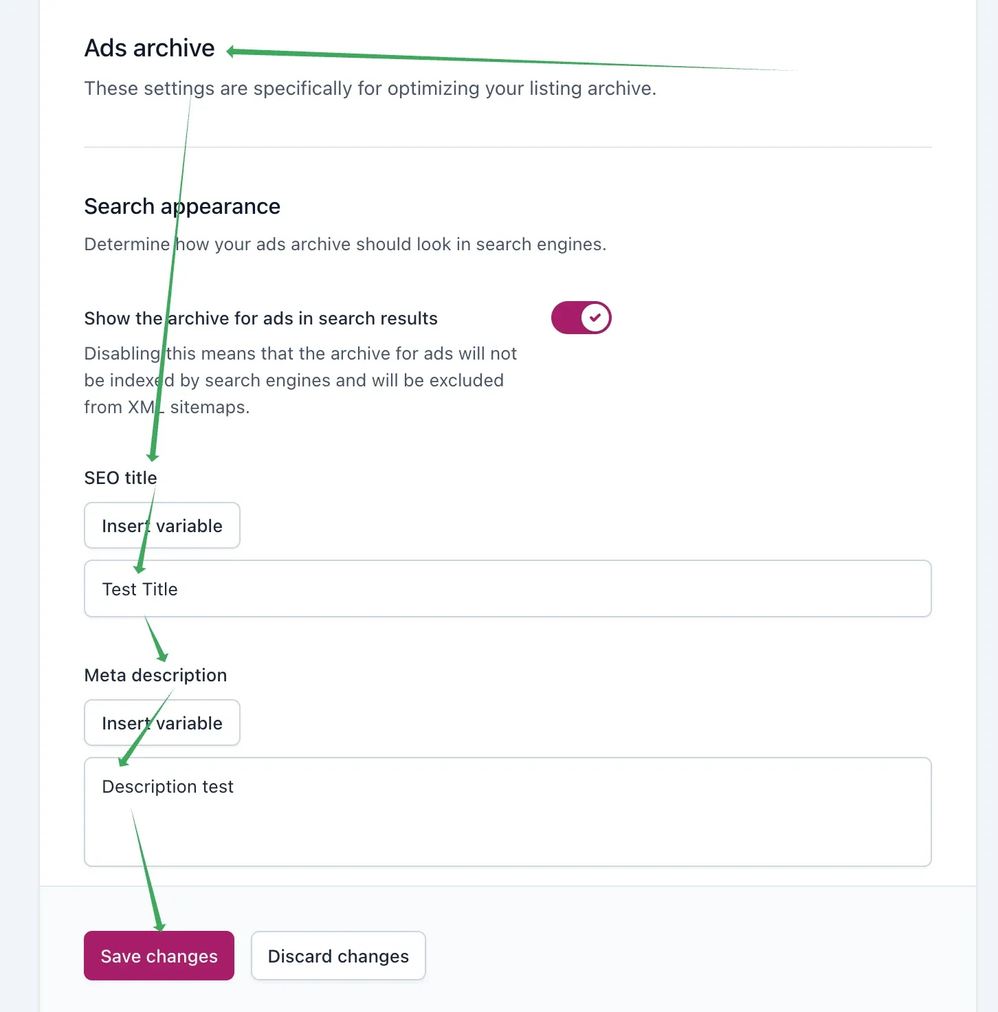 The Ads archive settings with SEO title set to Test Title and Meta description set to Description test, with arrows pointing at both fields and at the Save changes button.