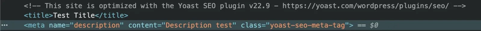 The HTML source of the ads page, where the title tag reads Test Title and the meta description tag carries the content Description test.