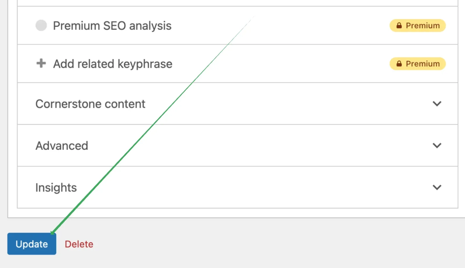 The bottom of the term edit screen with the Cornerstone content, Advanced and Insights sections collapsed, and an arrow pointing at the blue Update button.