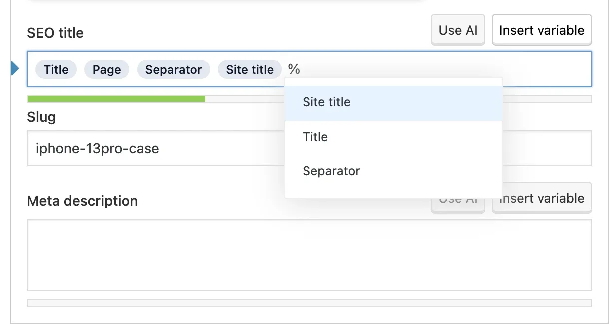 The Yoast SEO title field holding the variable chips Title, Page, Separator and Site title, with an open dropdown offering only Site title, Title and Separator.