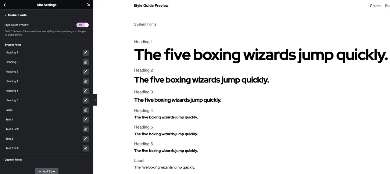 The Global Fonts panel beside the Style Guide Preview, listing Heading 1 to Heading 6, Label and Text styles, each rendered in the sample sentence "The five boxing wizards jump quickly."