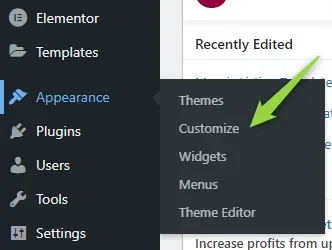 The WordPress admin sidebar with Appearance expanded and a green arrow pointing at Customize, alongside Themes, Widgets, Menus and Theme Editor.