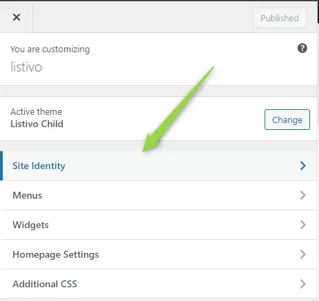 The Customizer for the listivo site with the active theme Listivo Child, and a green arrow pointing at the Site Identity row above Menus, Widgets, Homepage Settings and Additional CSS.