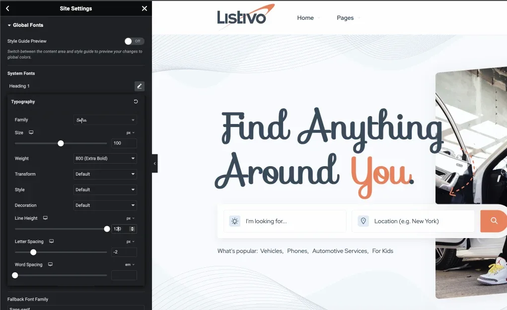 The Heading 1 typography controls — Family, Size, Weight 800 (Extra Bold), Transform, Style, Decoration, Line Height, Letter Spacing, Word Spacing — with the homepage headline previewed alongside in a script font.