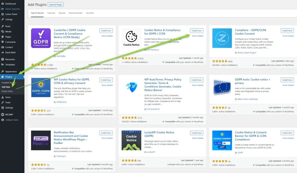 The WordPress Add Plugins screen showing a grid of GDPR cookie plugins, with a green arrow running from the Plugins menu to the Install Now button on the "Cookie Notice & Compliance for GDPR / CCPA" card.