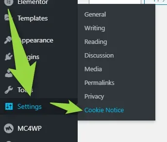 The WordPress Settings flyout menu with Cookie Notice highlighted at the bottom of the list, under General, Writing, Reading, Discussion, Media, Permalinks and Privacy; arrows point at Settings and at the Cookie Notice entry.