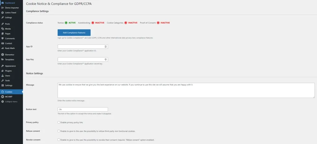 The Cookie Notice settings page: a Compliance Settings section showing the status of Notice, Autoblocking, Cookie Categories and Point of Consent, and a Notice Settings section holding the consent message and privacy policy options.