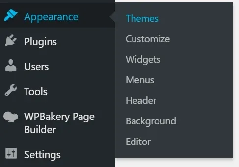 The WordPress admin sidebar with the Appearance menu expanded, showing Themes, Customize, Widgets, Menus, Header, Background and Editor.