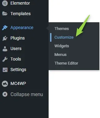 WordPress admin sidebar with the Appearance submenu open (Themes, Customize, Widgets, Menus, Theme Editor) and a green arrow pointing at Customize