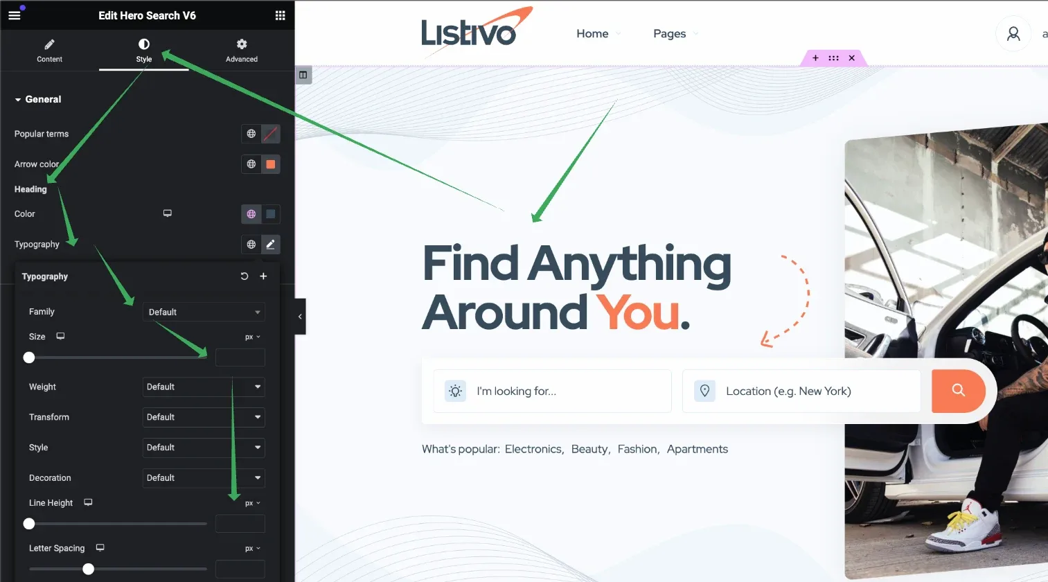 The homepage open in Elementor with the Hero Search widget selected; its own Style tab typography controls are open on the left and arrows point to the heading and search field they restyle.