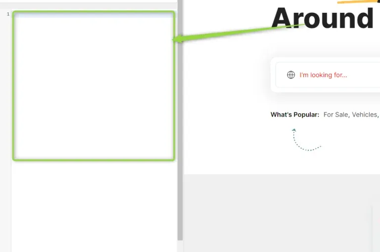 The empty Additional CSS code editor outlined in green on the left of the Customizer, with the live site preview on the right
