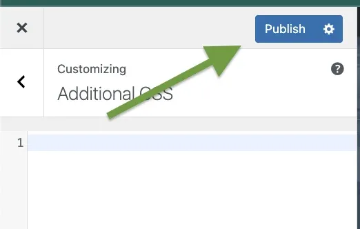 The Customizing > Additional CSS panel with a green arrow pointing at the blue Publish button in the top right corner.