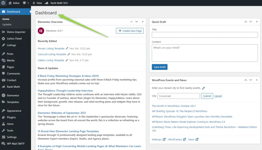 WordPress admin dashboard at its default styling, with a green arrow pointing at the small "Dashboard" page heading. The left-hand menu shows Demo Importer, Listivo Panel, Listings, Elementor and Rank Math SEO.