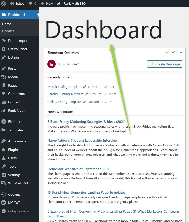 The same dashboard after the snippet is applied: the "Dashboard" heading now spans the full width of the page in giant type, with a green arrow pointing up at it.