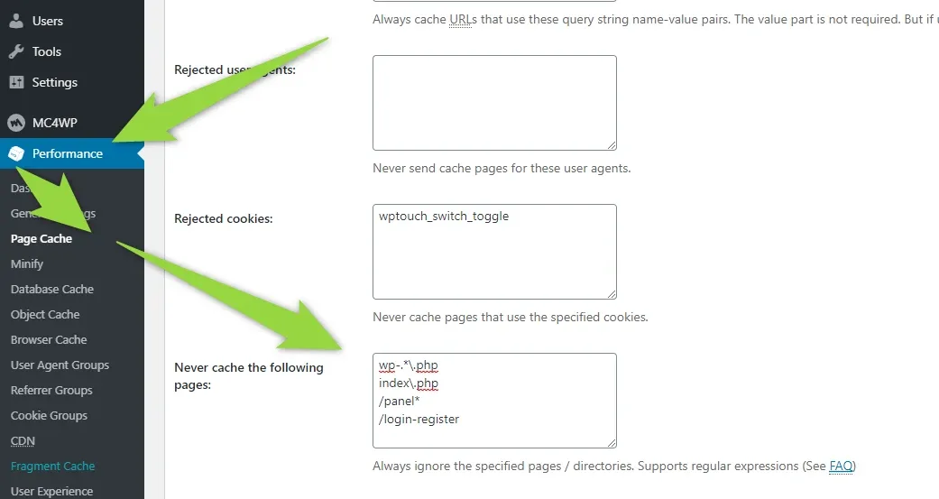 W3 Total Cache Page Cache settings: the "Never cache the following pages" box holds two default entries plus /panel* and /login-register, and arrows point at Performance and Page Cache in the sidebar.