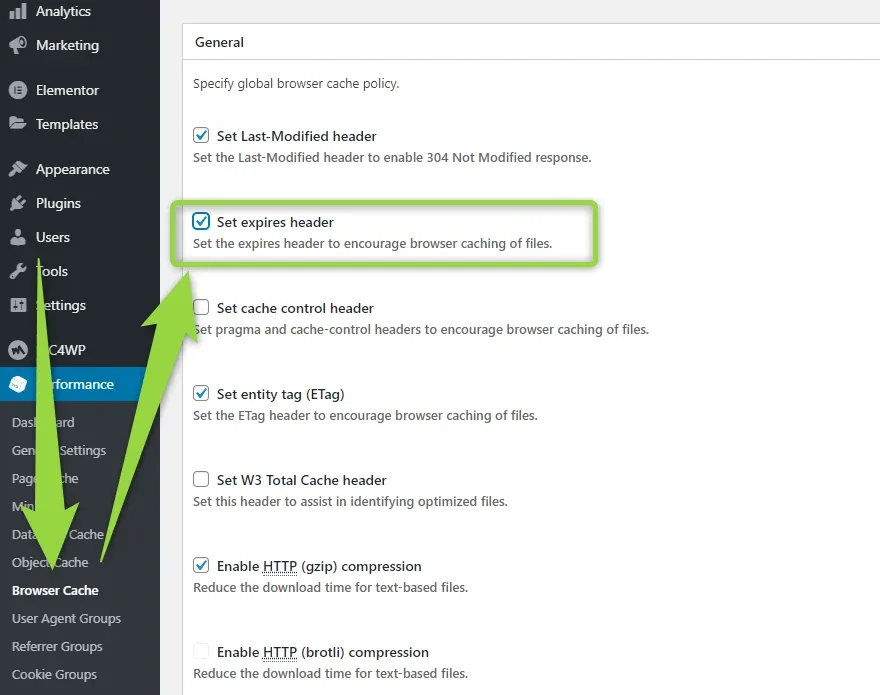 The General section of W3 Total Cache Browser Cache settings, with the ticked "Set expires header" checkbox outlined in green and arrows pointing at Browser Cache in the Performance menu.