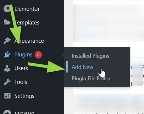 The WordPress admin sidebar with green arrows pointing at Plugins and at Add New in its submenu, beside Installed Plugins and Plugin File Editor.