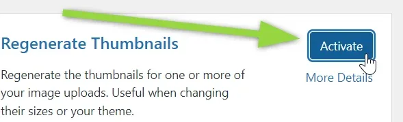 The Regenerate Thumbnails plugin card after installation, with a green arrow pointing at the blue Activate button.