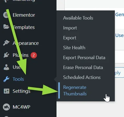 The WordPress admin sidebar with green arrows pointing at Tools and at the Regenerate Thumbnails entry in its submenu, below Available Tools, Import, Export, Site Health and Scheduled Actions.