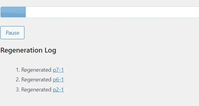 The regeneration running: a progress bar, a Pause button and a Regeneration Log listing the first images that were regenerated.