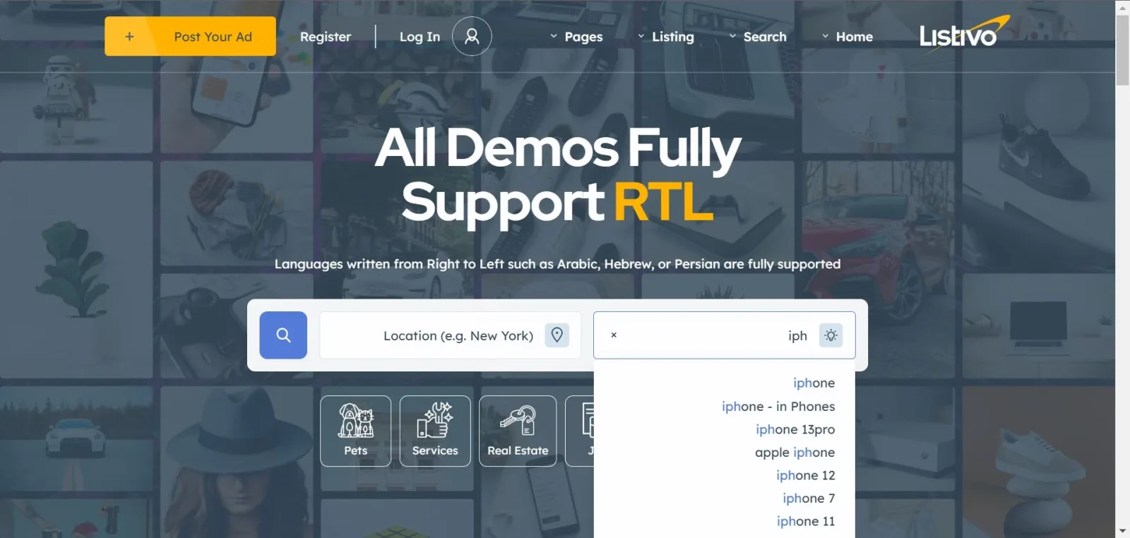 The Listivo RTL demo homepage: the Listivo logo sits in the top right, the menu runs right to left, the headline reads "All Demos Fully Support RTL", and the search box shows a right-aligned list of autocomplete suggestions.