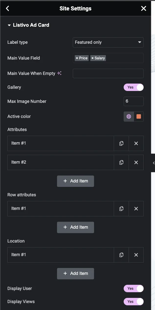 The Listivo Ad Card panel: Label type set to Featured only, Main Value Field holding Price and Salary, Gallery on with Max Image Number 6, Active color, Attributes, Row attributes and Location item lists, Display User and Display Views on.