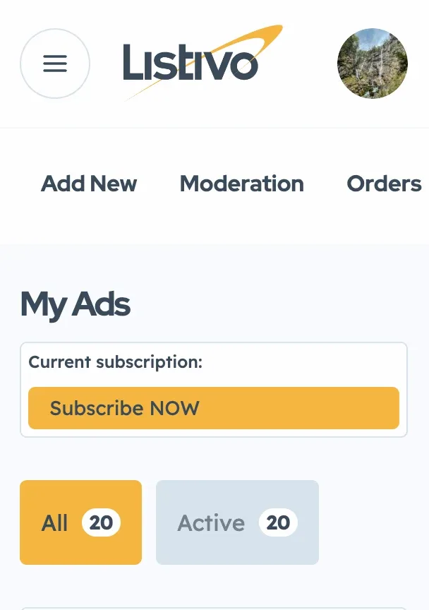 The user panel on a phone: the My Ads screen with the "Current subscription: Subscribe NOW" card now visible above the All and Active filter tabs.