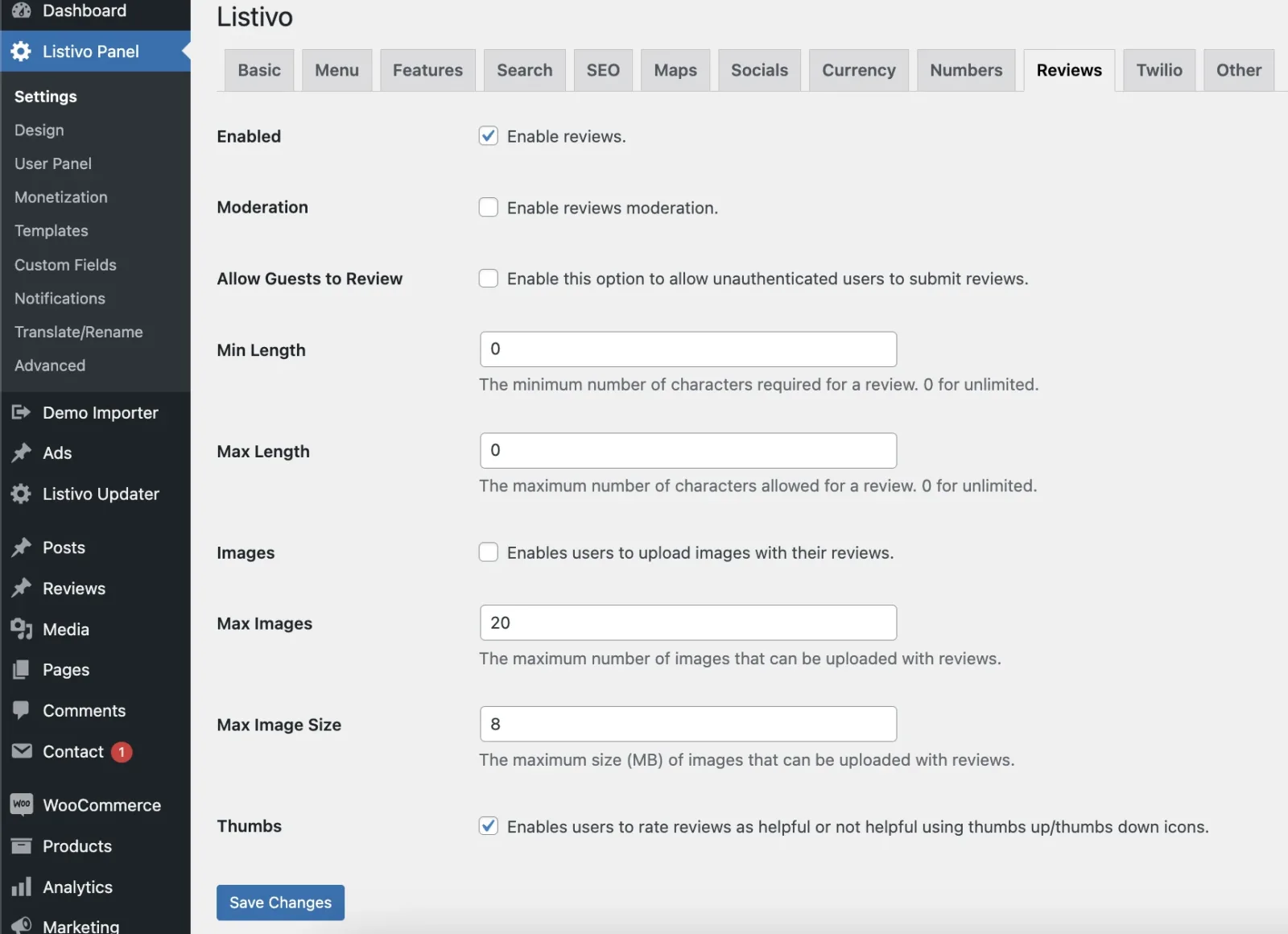 The Reviews tab of the Listivo Panel settings with Enabled ticked, plus checkboxes for Moderation, Allow Guests to Review, Images and Thumbs, and fields for Min Length, Max Length, Max Images (20) and Max Image Size (8 MB), above a Save Changes button.