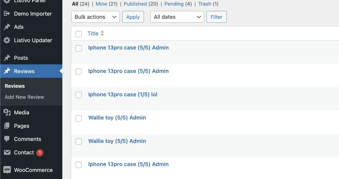 The Reviews list in the WordPress admin, with the status filters All (24), Mine (21), Published (20), Pending (4) and Trash (1) above rows of submitted reviews and their scores.