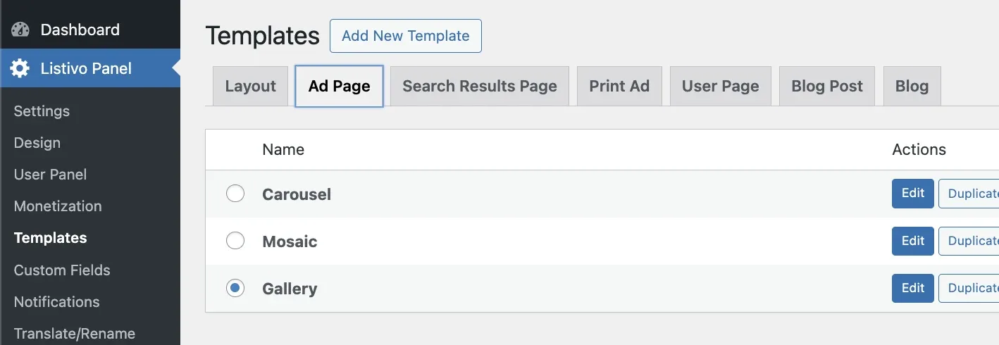 The Templates screen in the Listivo Panel with the Ad Page tab open, listing the Carousel, Mosaic and Gallery templates with Edit and Duplicate buttons; Gallery is the selected one.