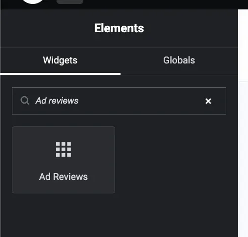 The Elementor Elements panel with "Ad reviews" typed into the widget search box and a single Ad Reviews widget returned as the result.