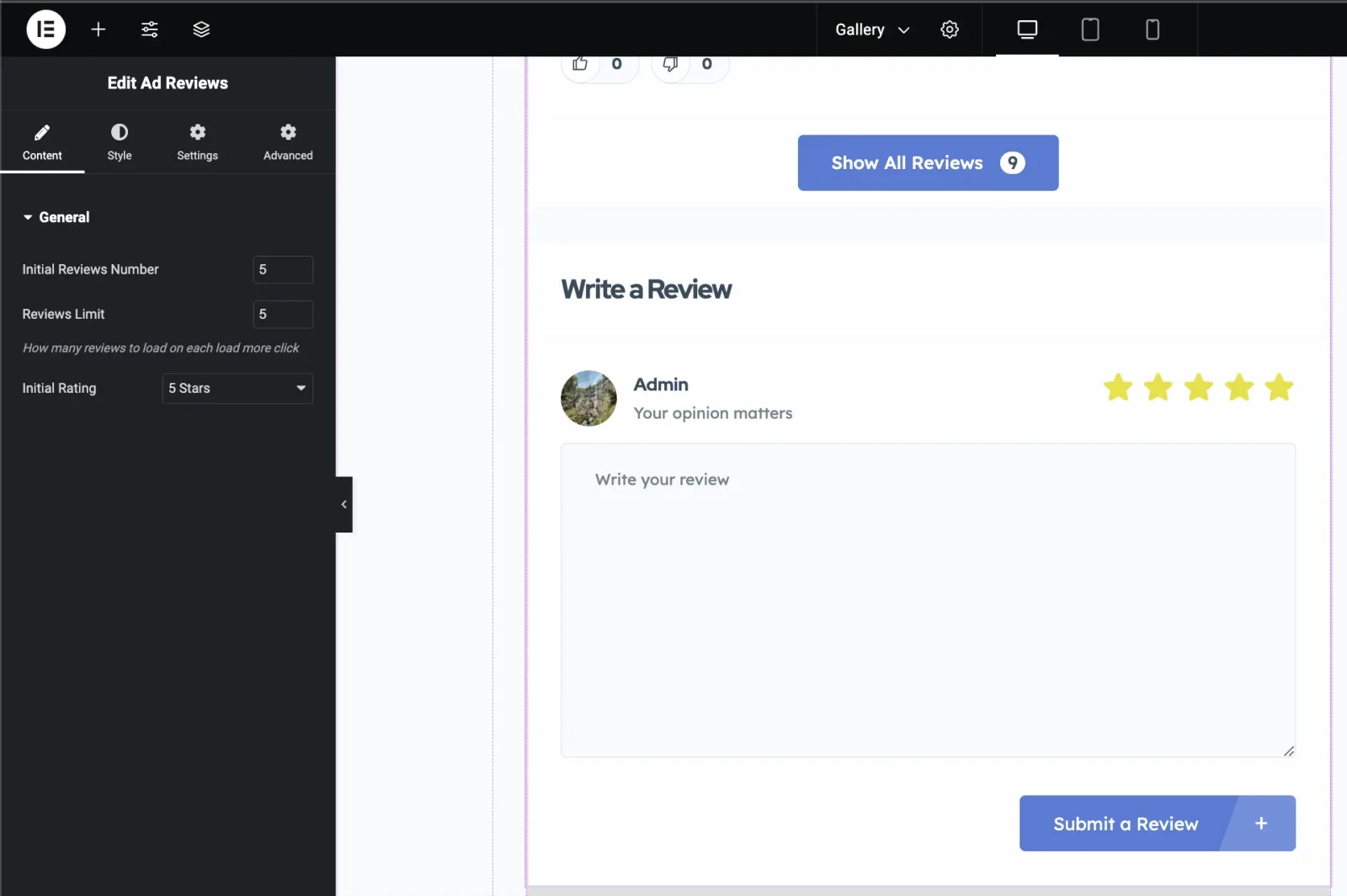 The Elementor preview of the widget on an ad page: a Show All Reviews button, a "Write a Review" form with the reviewer's avatar, a five-star rating, a text area and a Submit a Review button, with the widget's Content settings open on the left.