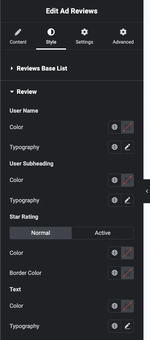 The Style tab of the Edit Ad Reviews panel in Elementor, with the Review section expanded to show colour and typography controls for User Name, User Subheading, Star Rating and Text.
