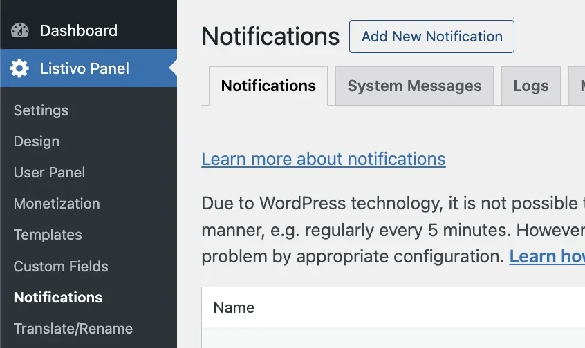 The Notifications screen of the Listivo Panel with the Add New Notification button beside the heading and a note explaining the limits of WordPress cron.