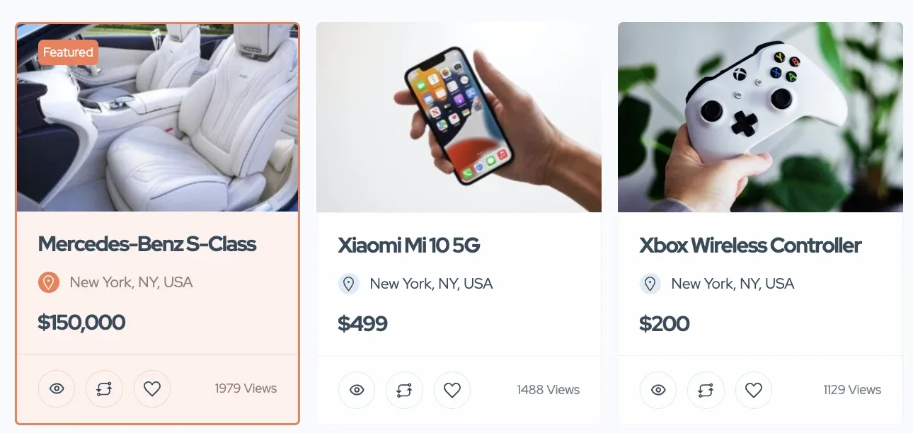 Three ad cards on the front end: the first, a Mercedes-Benz S-Class at $150,000, carries a Featured badge and a peach-tinted style, while the Xiaomi Mi 10 5G and Xbox Wireless Controller cards use the plain white style.
