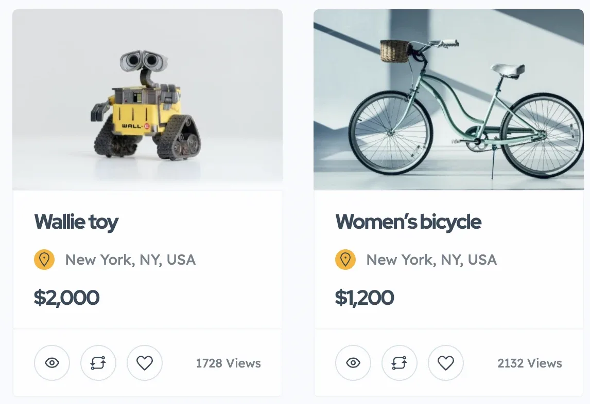 Two Listivo ad cards side by side — a Wall-E style toy at $2,000 and a women's bicycle at $1,200 — each showing a photo thumbnail, the location New York, NY, USA, the price, three action icons and a view count.