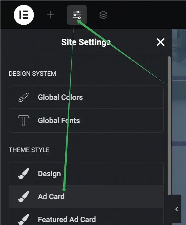 The Elementor Site Settings panel, with green arrows pointing at the Site Settings icon in the top toolbar and at the Ad Card entry under Theme Style, below Global Colors, Global Fonts and Design.