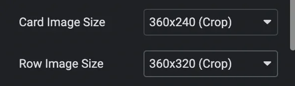 Two dropdowns in the Ad Card settings: Card Image Size set to 360x240 (Crop) and Row Image Size set to 360x320 (Crop).