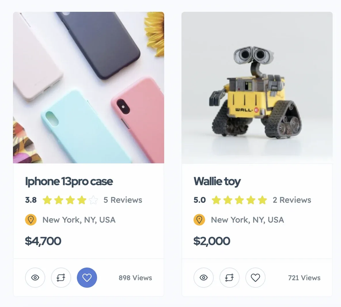 Two ad cards whose photos are cropped square: an iPhone 13 pro case at $4,700 rated 3.8 from 5 reviews, and a Wall-E style toy at $2,000 rated 5.0 from 2 reviews.