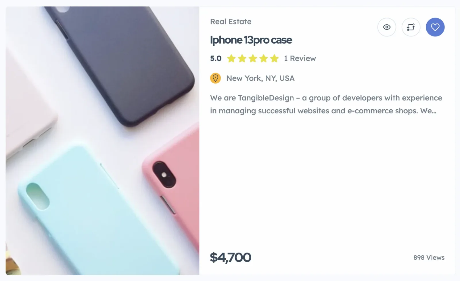 A row-style ad card: the phone case photo fills the tall left half, with the category, title, rating, location, a description excerpt, the price $4,700 and the view count on the right.