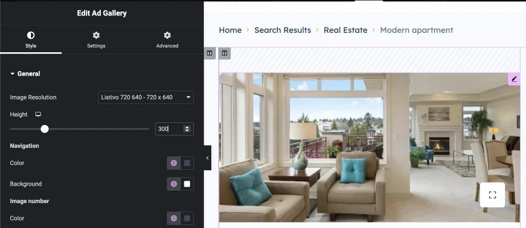 The Edit Ad Gallery panel in Elementor with Image Resolution set to a Listivo 720x640 size and Height set to 300, beside the gallery preview of an apartment interior.