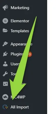 WordPress admin sidebar with an arrow pointing to the All Import entry at the bottom, below MC4WP