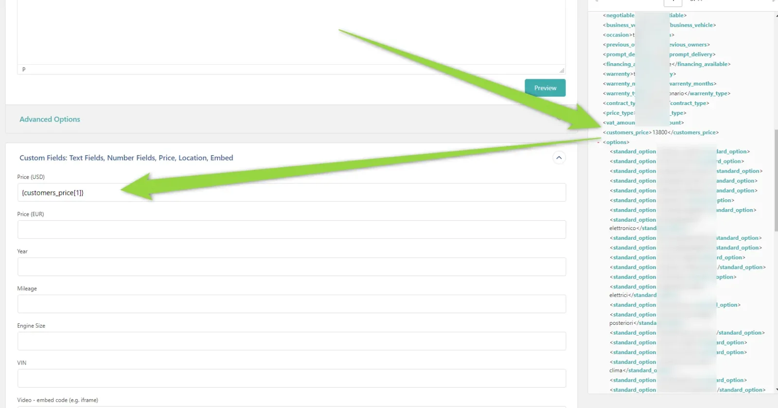 The Custom Fields, Text Fields, Number Fields, Price, Location, Embed panel with an XML value dropped into the price field, and the Year, Mileage, Engine Size and VIN fields below it still empty