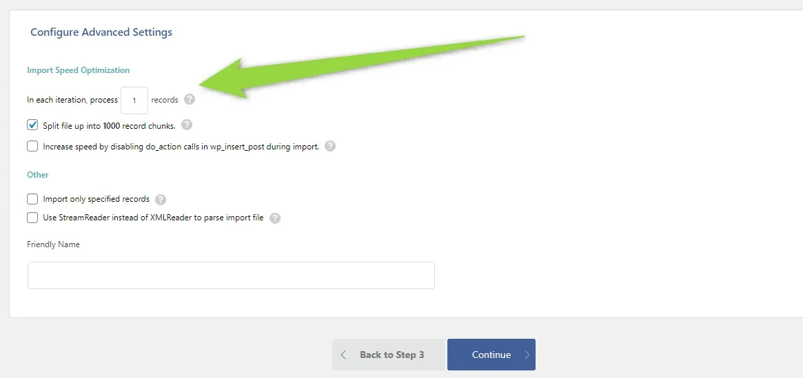 Configure Advanced Settings with an arrow pointing to Import Speed Optimisation, where each iteration processes 1 record