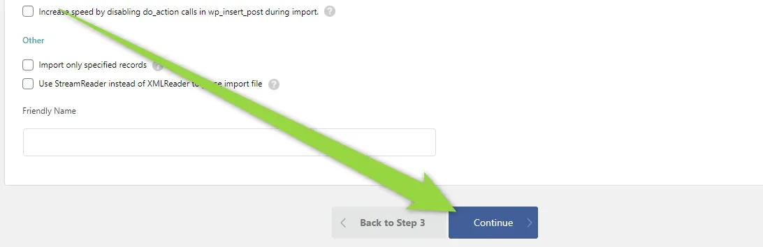 An arrow pointing to the blue Continue button at the bottom of Configure Advanced Settings