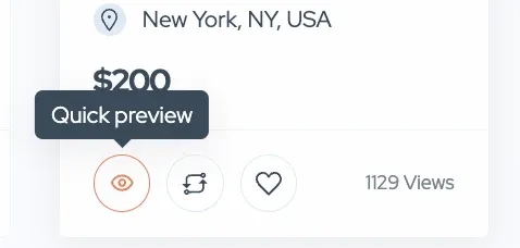 The bottom of an ad card: the eye icon is hovered and shows a "Quick preview" tooltip, next to the compare and favourite icons and a 1129 Views count.