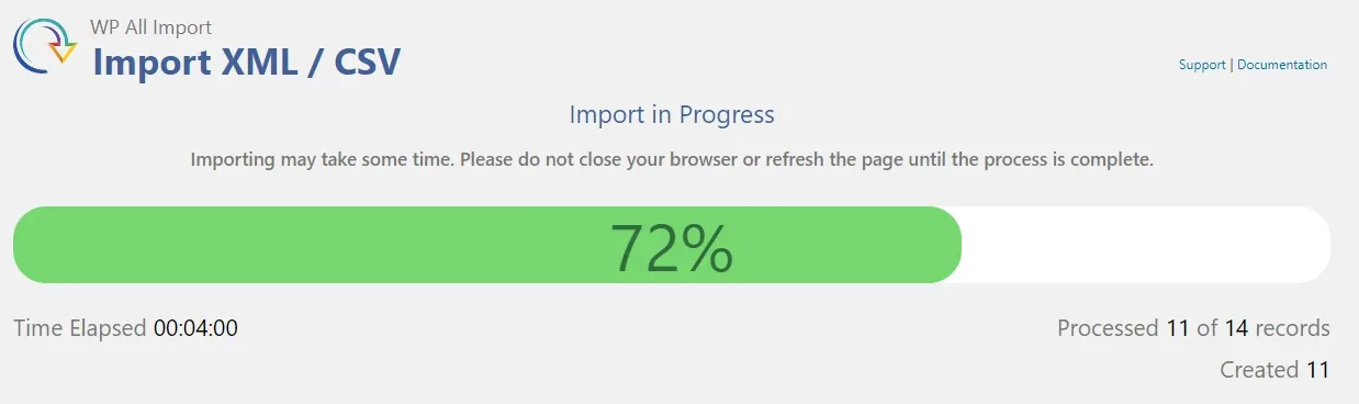 The Import in Progress screen with the bar at 72 percent, 11 of 14 records processed after four minutes
